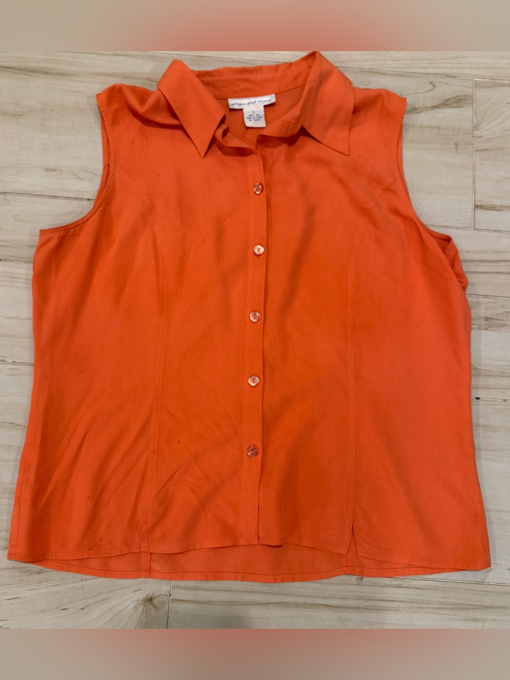 100% Silk Sunset Orange Sleeveless Blouse Button Front Vintage Large